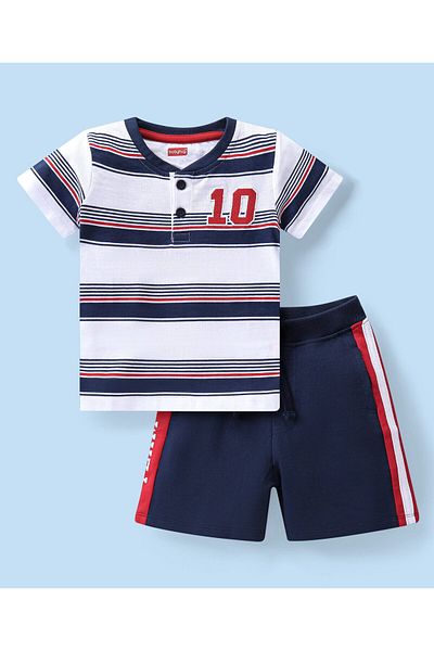 Babyhug Babyhug Single Jersey Knit Half Sleeves Striped T-Shirt & Shorts Set - Blue