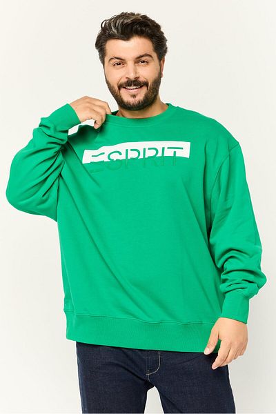 Esprit Men Ribbed Collar Brand Logo Long Sleeves Sweatshirt, Green