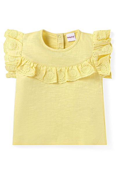 Babyhug Babyhug Single Jersey Knit Frill Sleeves Solid Colour Top & Floral Printed Layered Skirt - Yellow