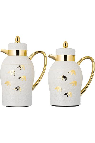 ALSAIF Coffee And Tea Vaccum Flask Set In Ivory/gold / Leak-proof And Keeps Drinks Hot 1.0/0.7 Liter