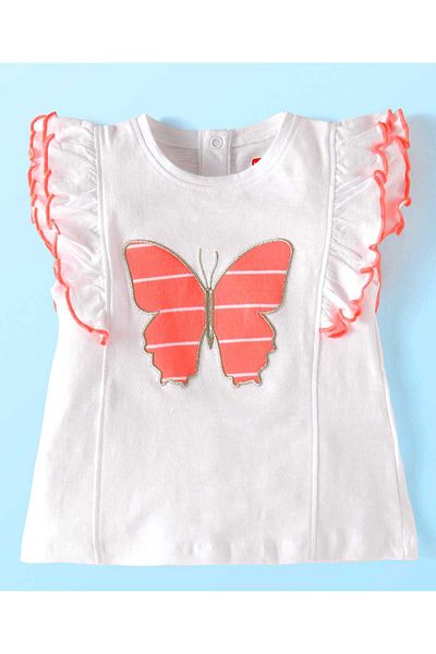 Babyhug Babyhug Single Jersey Top with Skirt & Butterfly Patch - White & Peach
