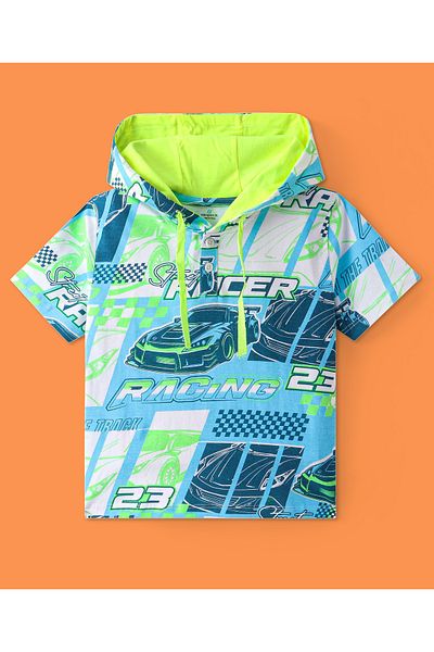 Ollington St. Ollington St. Cotton Knit Half Sleeves Hooded T-Shirt & Denim Pants Set Racing Cars Print-Light Blue