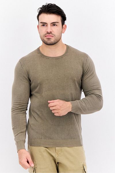 GAS Men Ribbed Neck Solid Long Sleeves Sweatshirt, Light Olive