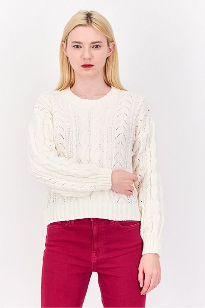 PİNK ROSE Women Crew Neck Knitted Sweater, Off White