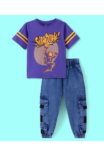 Ollington St. Ollington St. Cotton Knit Half Sleeves T-Shirt & Twill Joggers Set with Text Print - Purple & Blue