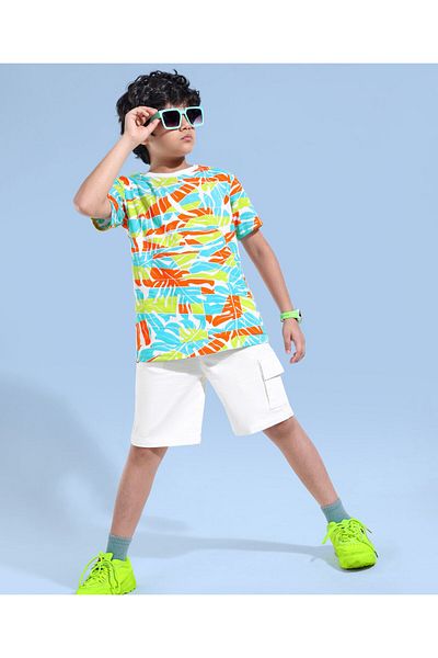 Ollington St. Ollington St. 100% Cotton Knit Half Sleeves Printed T-Shirt & Woven Shorts Set - Multicolor