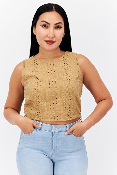 Esprit Women Round Neck Sleeveless Embroidered Tank Top, Olive