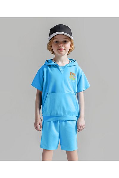 Bonfino Bonfino 100% Cotton Hooded Oversized T-Shirt & Shorts Set with Front & Back Beach Theme Print - Blue