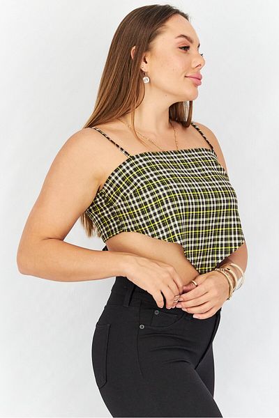 collusion Women Squared Neck Sleeveless Gingham Crop Top, Black Combo