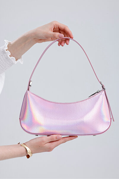 Paksoy Kadın Pembe Yılan Desen Hologram Suni Deri Baget Omuz Çantası
