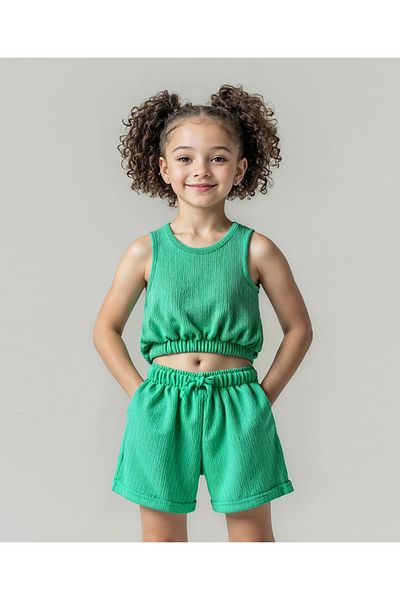 Primo Gino Primo Gino Woven Sleeveless Textured Solid Top & Shorts Co-ord Set - Green