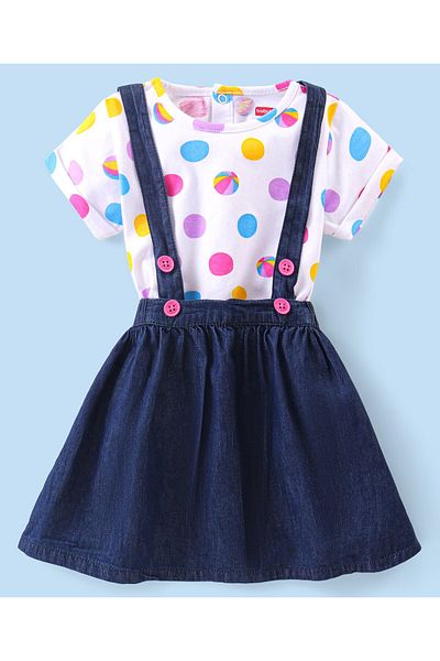 Babyhug Babyhug Denim Skirt with Polka Dots Printed Top - White & Blue