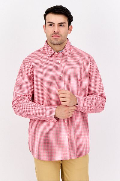 Nautica Men Classic Fit Micro Check Long Sleeves Casual Shirt, Red/white