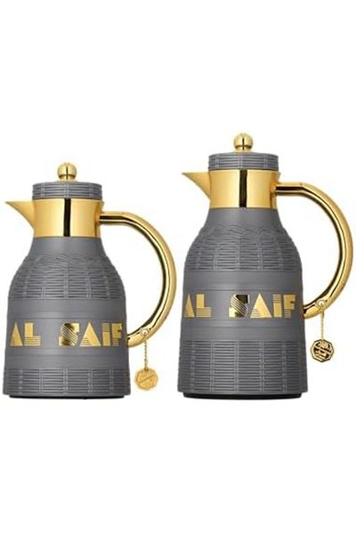 ALSAIF Coffee And Tea Vaccum Flask Set In Grey/gold / Leak-proof And Keeps Drinks Hot 1.0/0.7 Liter