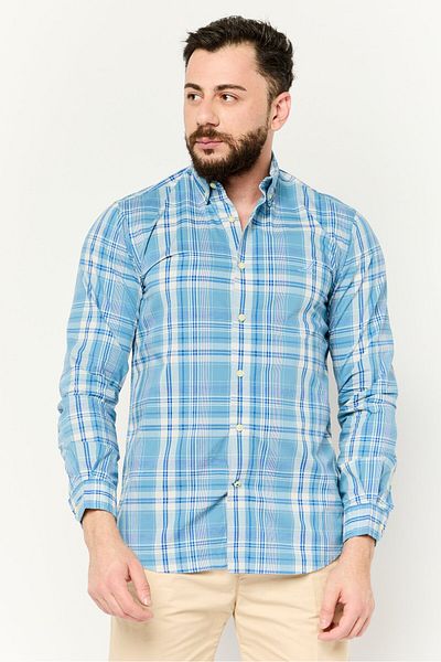 Nautica Men Classic Fit Embroidered Logo Long Sleeve Casual Shirt, Blue/white