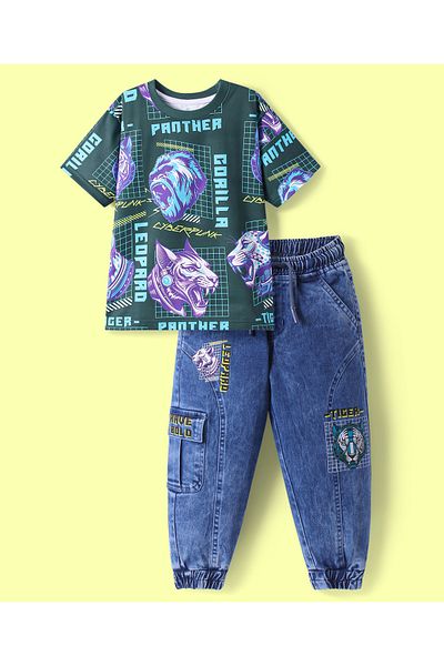 Ollington St. Ollington St. Knit Cotton Knit Half Drop Shoulder Sleeves T-Shirt & Denim Joggers Set Animal ed-Blue