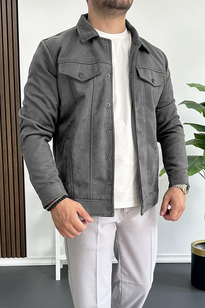 Edwox Ανδρικό Slim Fit Nubuck Jacket με τσέπες καπνιστό Edw081