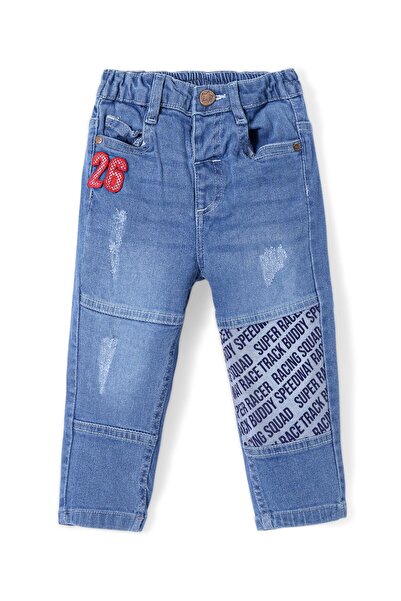 Babyhug Babyhug Denim Washed Full Length Text Printed Jeans with Stretch - Blue