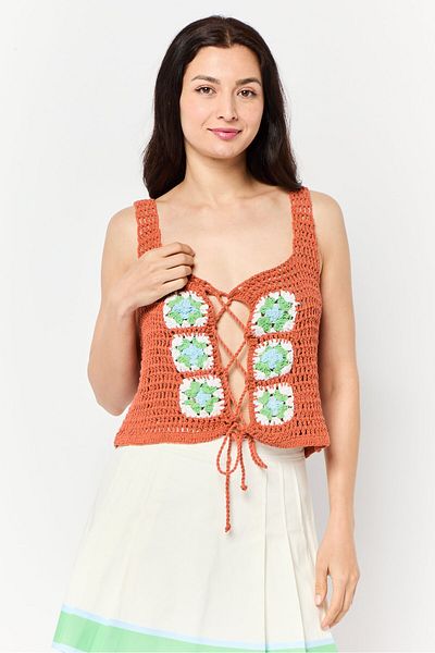 Asos Design Women Square Neck Sleeveless Crochet Tank Top, Brown