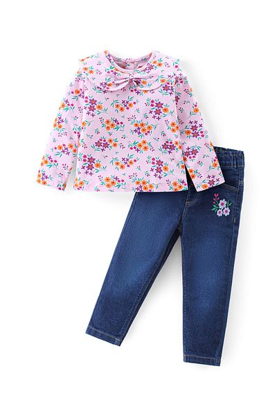 Babyhug Babyhug Single Jersey Knit Full Sleeves Top & Jeans Set Floral Print - Pink