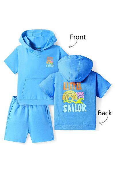 Bonfino Bonfino 100% Cotton Hooded Oversized T-Shirt & Shorts Set with Front & Back Beach Theme Print - Blue