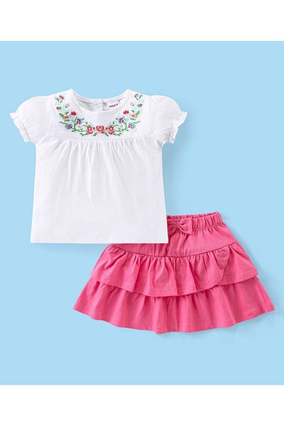 Babyhug Babyhug Cotton Knit Half Sleeves Top & Layered Skirt Set With Floral Embroidery - White & Dark Pink