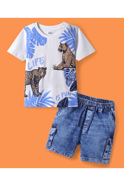 Ollington St. Ollington St. Cotton Knit Half Sleeves Jungle Print T-Shirt & Denim Shorts Set - White & Blue