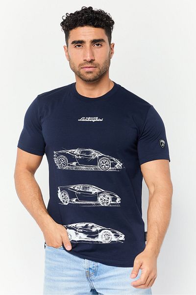 Lamborghini Men Crew Neck Short Sleeve Graphic Print T-Shirts, Navy Blue