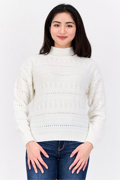 Madison + Hudson Women Ribbed Collar Crochet Sweater, Off White