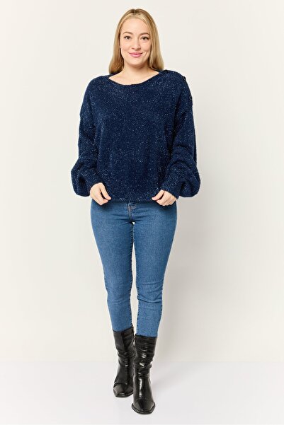 Esprit Women Boat Neck Long Sleeves Metallic Sweaters, Navy