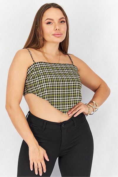 collusion Women Squared Neck Sleeveless Gingham Crop Top, Black Combo