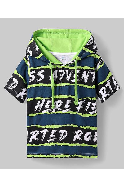Ollington St. Ollington St. Cotton Knit Half Sleeves T-Shirt & Joggers Set Text Printed - Teal Blue