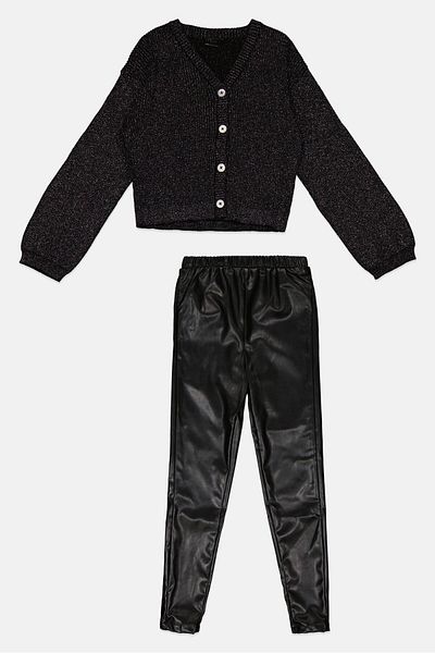 Miss Kids Girl 2 Piece Textured Long Sleeve Sweater And Pants Set, Black