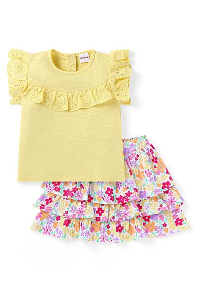 Babyhug Babyhug Single Jersey Knit Frill Sleeves Solid Colour Top & Floral Printed Layered Skirt - Yellow