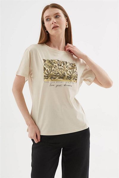 Fashion Friends Βαμβακερή μπεζ μπλούζα, εμπριμέ πέτρα 100%