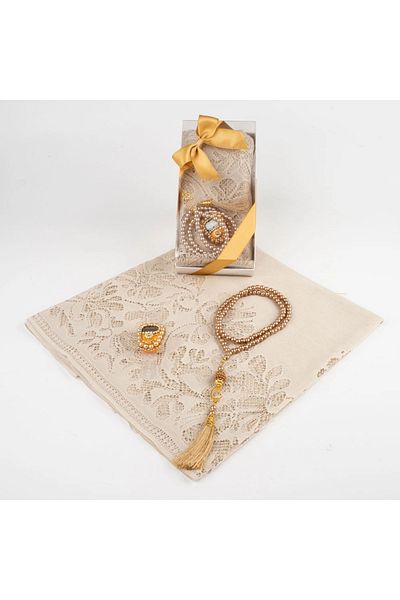 Hayrat Neşriyat Σετ δώρου Tasbih + Ruched Shawl + Zikirmatik (Κουτί Kraft Acetate, Χρυσό)