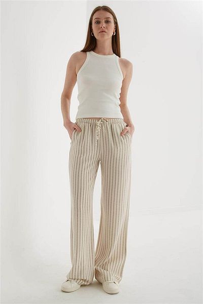 Fashion Friends Gray Striped Comfortable Elastic Linen Trousers