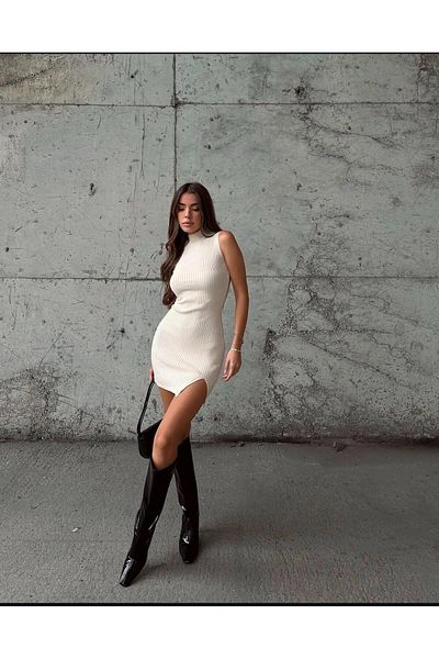 MODA Γυναικείο φόρεμα με φυτιλένιο πλεκτό γιακά με σχισμή αμάνικο μίνι λεπτό πλεκτό