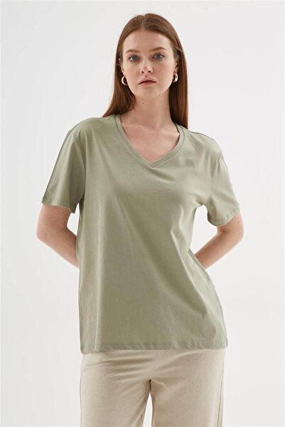 Fashion Friends V-Neck 100% Cotton T-Shirt Khaki
