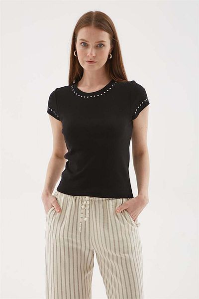 Fashion Friends Studded Detailed 100% Cotton T-Shirt Black