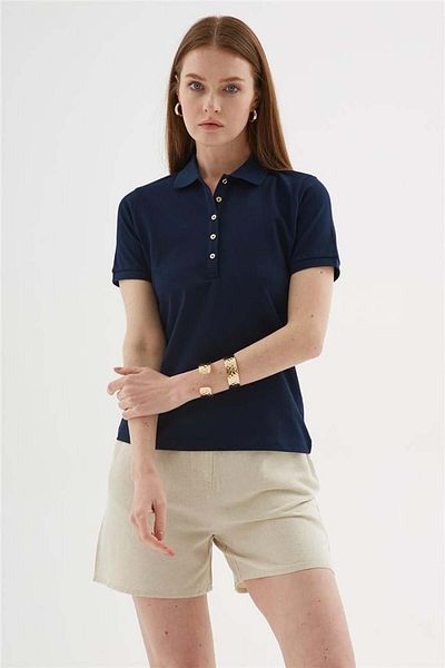 Fashion Friends Tricou cu mânecă scurtă din bumbac elastic, cu gât polo, bleumarin
