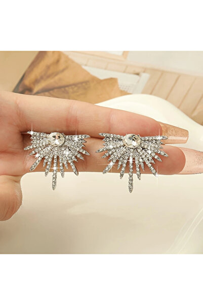 Takıtolia Shinee Silver Colorful Glitter Stylish Sparkling Zircon Stone Special Design Wing Pattern Rhinestone Earrings