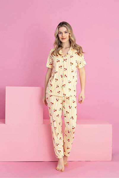 DCY DREAM Milan Fabric Cherry Patterned Buttoned Pajama Set
