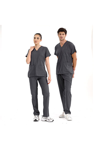 ÇİZGİ MEDİKAL FÜME Lüks Likralı Scrubs Greys Takım