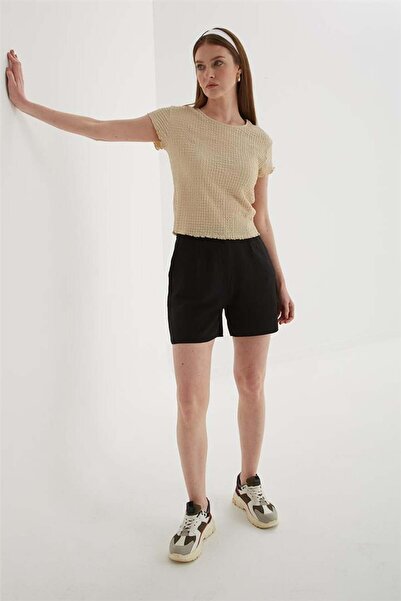 Fashion Friends شورت كتان مريح بخصر عالٍ - أسود