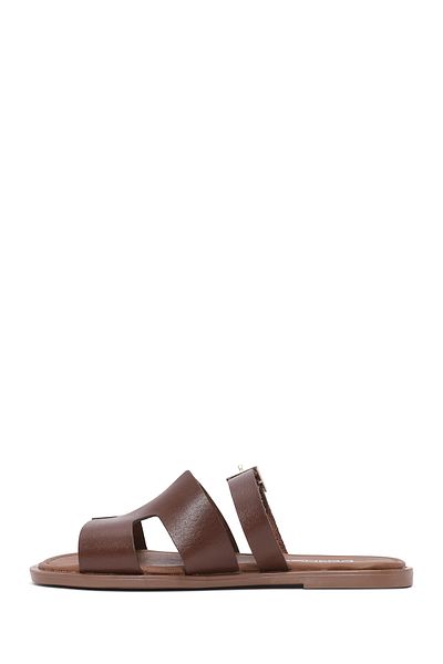 Derimod Women's Brown Buckle Leather Slippers 25Sfd 332718