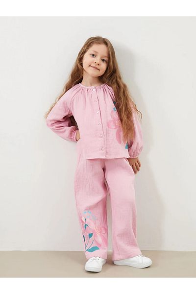 LC Waikiki Lcw Kids Pink Shirred Girls' Shirt and Pants 2-Piece
