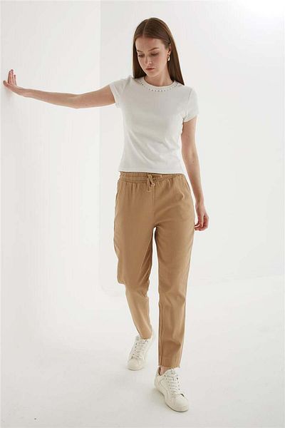 Fashion Friends Beige Comfortable Leg Tassel Trousers