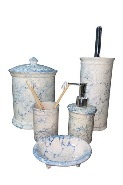 RED SERAMİK Violet Collection Marble Patterned 5 Piece Bathroom Set Aegean Blue