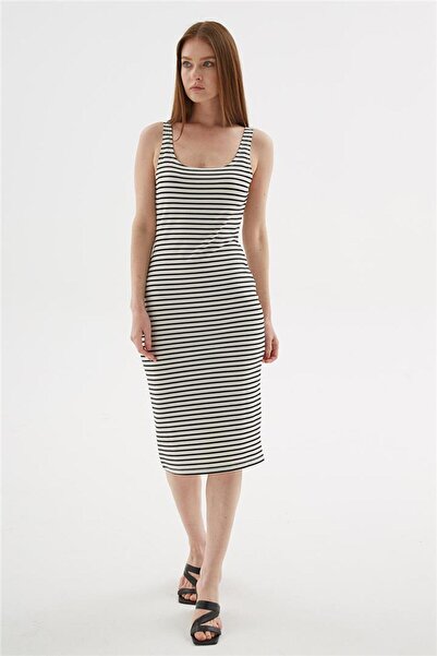 Fashion Friends Ecru Striped Midi Dress Square Neck